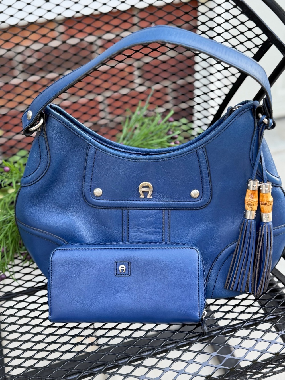 Vintage Etienne Aigner Blue Leather Shoulder Bag with Tassel and Matching Wallet